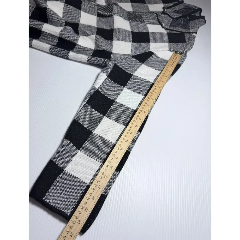 Talbots Black White Buffalo Plaid Open Cardigan Womens XL Knit Sweater w/Pockets